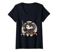 Womens Japanese Samurai Ninja Cat Katana Japanese Style V-Neck T-Shirt