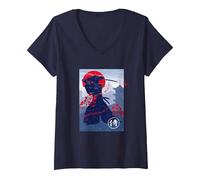 Women's Japanese Samurai Swordsman V-Neck T-Shirt, Navy Blue, Medium
