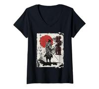 Womens Japanese Samurai Vintage Fighter Retro Art Design V-Neck T-Shirt
