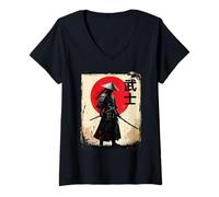 Womens Japanese Samurai Vintage Fighter Retro Art Design V-Neck T-Shirt