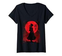 Womens Japanese Samurai Vintage Fighter Retro Art Design V-Neck T-Shirt