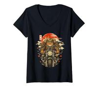 Women's Japanese Samurais Cat Motorcycle Kawaii Ninja Cat Anime V-Neck T-Shirt