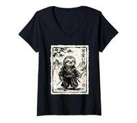 Women's Japanese Sloth Samurai Sumi-e Ink Wash Art Warrior V-Neck T-Shirt