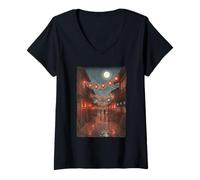 Womens Japanese Street Night Lanterns Moonlit Scene V-Neck T-Shirt