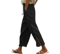 Women's Japanese Style Button Detail Linen Trousers, High Waist Drapey Wide Leg for Zen Gardens & Tea Ceremonies Black