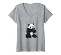 Womens Japanese Sumi-e Collection, Ink Wash Wildlife Art, Panda V-Neck T-Shirt