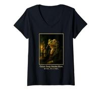 Womens Japanese Think Deep Smoke Slow Frog Vintage Aesthetics V-Neck T-Shirt