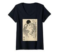 Womens Japanese Tigers Vintage Sumi-e Edo Period Ink Art Ukiyo-e V-Neck T-Shirt