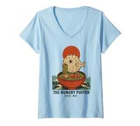Womens Japanese Tokyo Noodle Bowl Retro The Hungry Puffer Ramen V-Neck T-Shirt