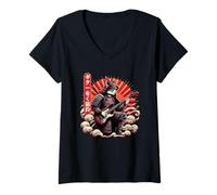 Womens Japanese Ukiyo-E Samurai Cat Playing The Electric Guitar V-Neck T-Shirt