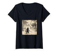 Women's Japanese Vintage Warrior Samurai Orange Tabby Cat V-Neck T-Shirt