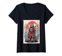 Womens Japanese Warrior Anime Vintage Art Samurai Raccoon V-Neck T-Shirt