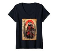 Womens Japanese Warrior Anime Vintage Art Samurai Raccoon V-Neck T-Shirt