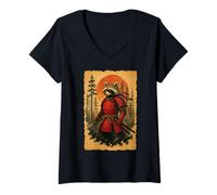 Womens Japanese Warrior Anime Vintage Art Samurai Raccoon V-Neck T-Shirt