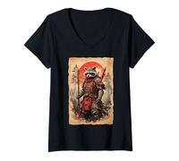 Womens Japanese Warrior Anime Vintage Art Samurai Raccoon V-Neck T-Shirt