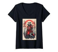 Womens Japanese Warrior Anime Vintage Art Samurai Raccoon V-Neck T-Shirt