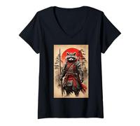 Womens Japanese Warrior Anime Vintage Art Samurai Raccoon V-Neck T-Shirt
