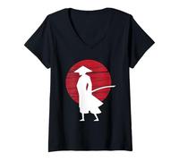 Womens Japanese Warrior Culture Samurai Sword Martial Arts Retro V-Neck T-Shirt