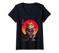 Women's Japanese Warrior Lion with Katana Red Sun Art V-Neck T-Shirt