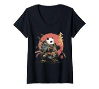 Women's Japanese Warrior Panda with Katana Red Sun Art V-Neck T-Shirt