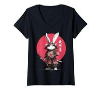 Women's Japanese Warrior Rabbit with Katana Red Sun Art V-Neck T-Shirt
