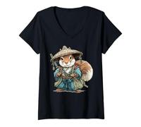 Women's Japanese Warrior Squirrel with Katana Red Sun Art V-Neck T-Shirt