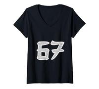 Women's Japanese Wave 67 Bold Symbol Graphic Minimal Style Design V-Neck T-Shirt
