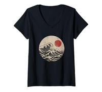 Women's Japanese Wave Sun Illustration | Great Wave Inspired Art V-Neck T-Shirt