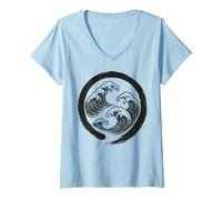 Womens Japanese Wave Symbol Enso Circle Zen Ocean Nature V-Neck T-Shirt