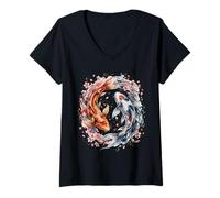 Women's Japanese Yin Yang Koi Fish Sakura Watercolor V-Neck T-Shirt