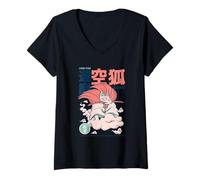 Womens Japanese Yokai Art Celestial Fox Kitsune Demon Folklore V-Neck T-Shirt