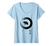 Womens Japanese Zen Symbol Ginkgo Leaf Enso Circle Art V-Neck T-Shirt