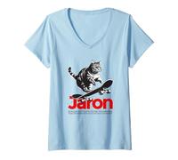 Womens JARON - Cute Boy Name with cool with cool Cat & Skateboard V-Neck T-Shirt