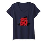 Womens Jaws 50th Anniversary Fear in Red and Black V-Neck T-Shirt