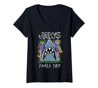 Women's Jaws Family Trip Shark Encounter Doodle V-Neck T-Shirt
