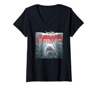 Women's Jaws Shark Graphic Bold Text Ocean V-Neck T-Shirt