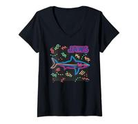 Women's Jaws Shark Neon Style Retro Vibes Art V-Neck T-Shirt