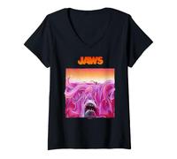 Women's Jaws Vibrant Shark Attack Illustration V-Neck T-Shirt
