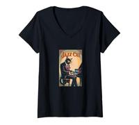 Womens Jazz Cat - Classy Piano-Playing Cat V-Neck T-Shirt