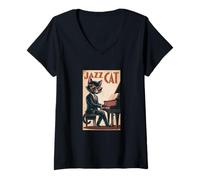 Womens Jazz Cat - Classy Piano-Playing Cat V-Neck T-Shirt