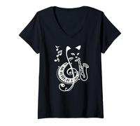 Womens Jazz Cat Playing Saxophone Piano Treble Clef Music Fun V-Neck T-Shirt
