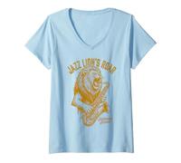 Women's Jazz Lion's Roar Vintage Lion Playing Saxophone Session V-Neck T-Shirt
