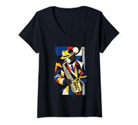 Women's Jazz Panda Saxophonist Abstract Geometric Art V-Neck T-Shirt