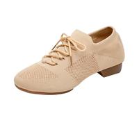 Women'S Jazz Tap Shoes Size 3-5 with Breathable Mesh and Lace Up 2cm Low Rubber Heel Flats Dance Shoes for Latin Ballet Cheerleading and Modern Dance or Trainers Indoor Outdoor,Beige,3