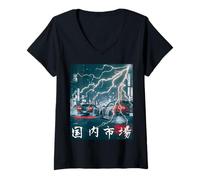 Womens JDM Drift Racing Car Lightning Night Scene On A Tokyo Street V-Neck T-Shirt