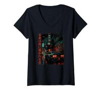 Women's JDM Japanese Night Street Car Neon City Style V-Neck T-Shirt