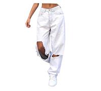 Women's Jeans All-Match Oversized Hole Loose Straight Leg Jeans with High Waist Elastic Butt Lifting Jeans Breathable Harem Trousers Y2K Style Denim Trousers Streetwear, White, L