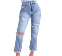 Women's Jeans, Blue Mid Wash, Available UK Sizes 6-14, High Waisted, Ripped Distressed, Turn Up Hem, Denim (UK, Numeric, 14, Regular, Regular, Blue)