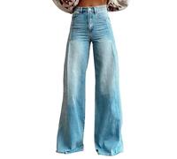 Women's Jeans High Waist Wide Leg Slip-On Trousers Extra Long Jeans Hip Hop Vintage Print Baggy Jeans with Zip Streetwear Y2K Denim Trousers Wide Leg Women's Trousers Women Retro Denim, lightblue, M