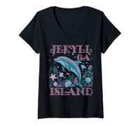 Womens JEKYLL ISLAND GA DOLPHIN LOVER COLORFUL BEACH SOUVENIR V-Neck T-Shirt